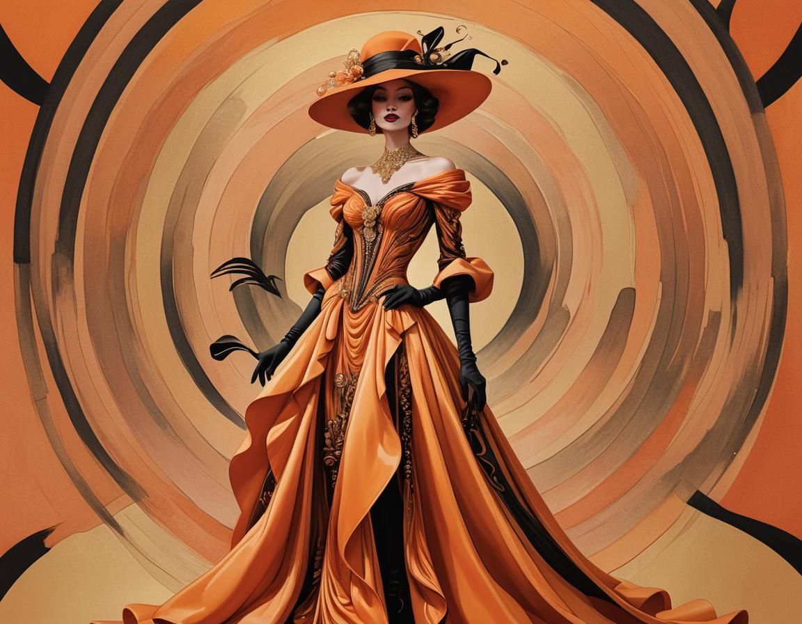 Woman in Orange Gown: Surreal Cartoon Style
