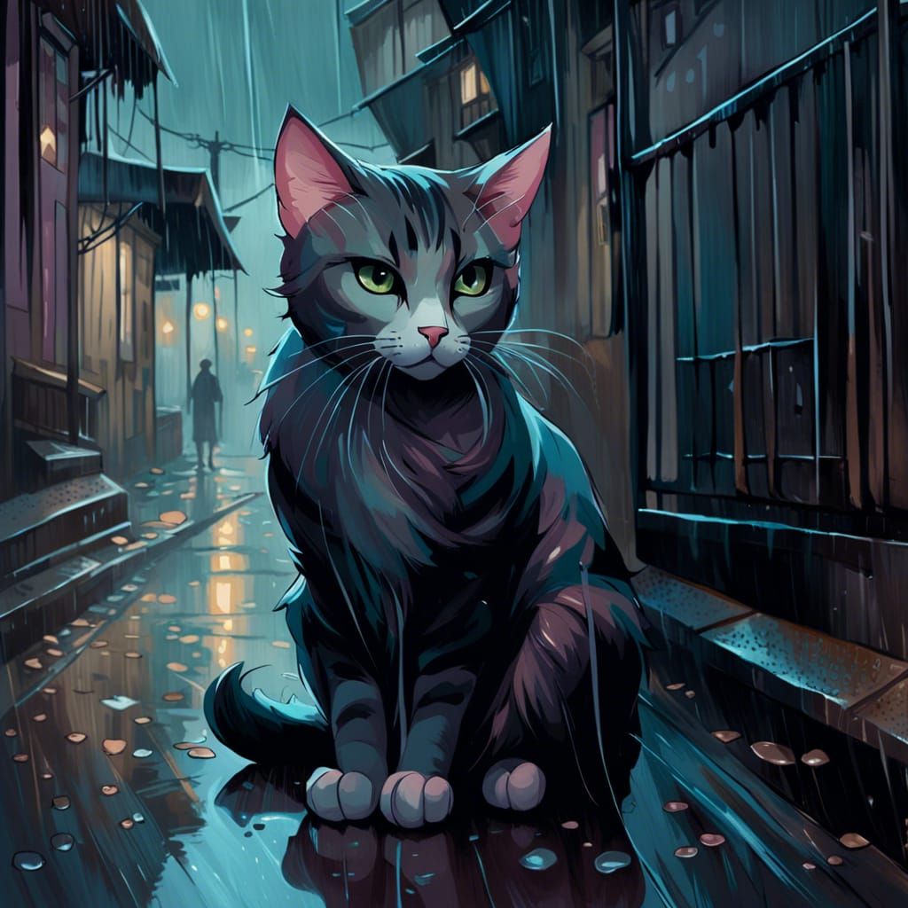Stray Cat in Rainy Street with Muted Colors