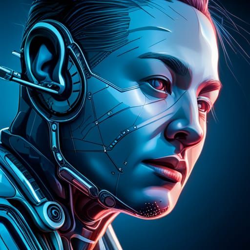 Hyperrealistic Cyborg with Blueprint Background