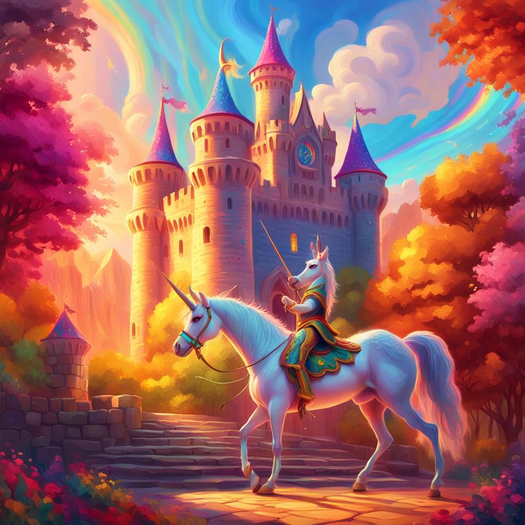 Regal Unicorn and Ancient Castle in Pixar Style