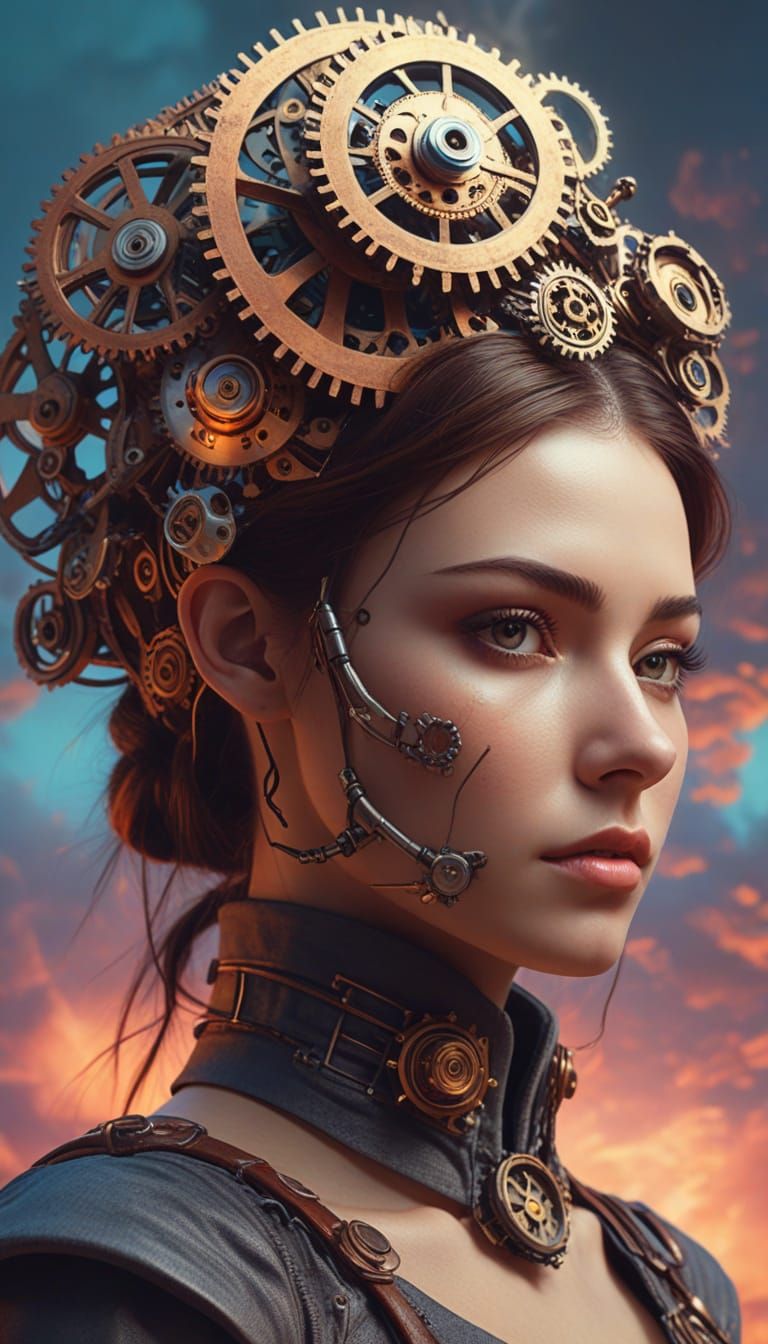 Surreal Clockwork Goddess in Dreamlike Steampunk Digital Pai...