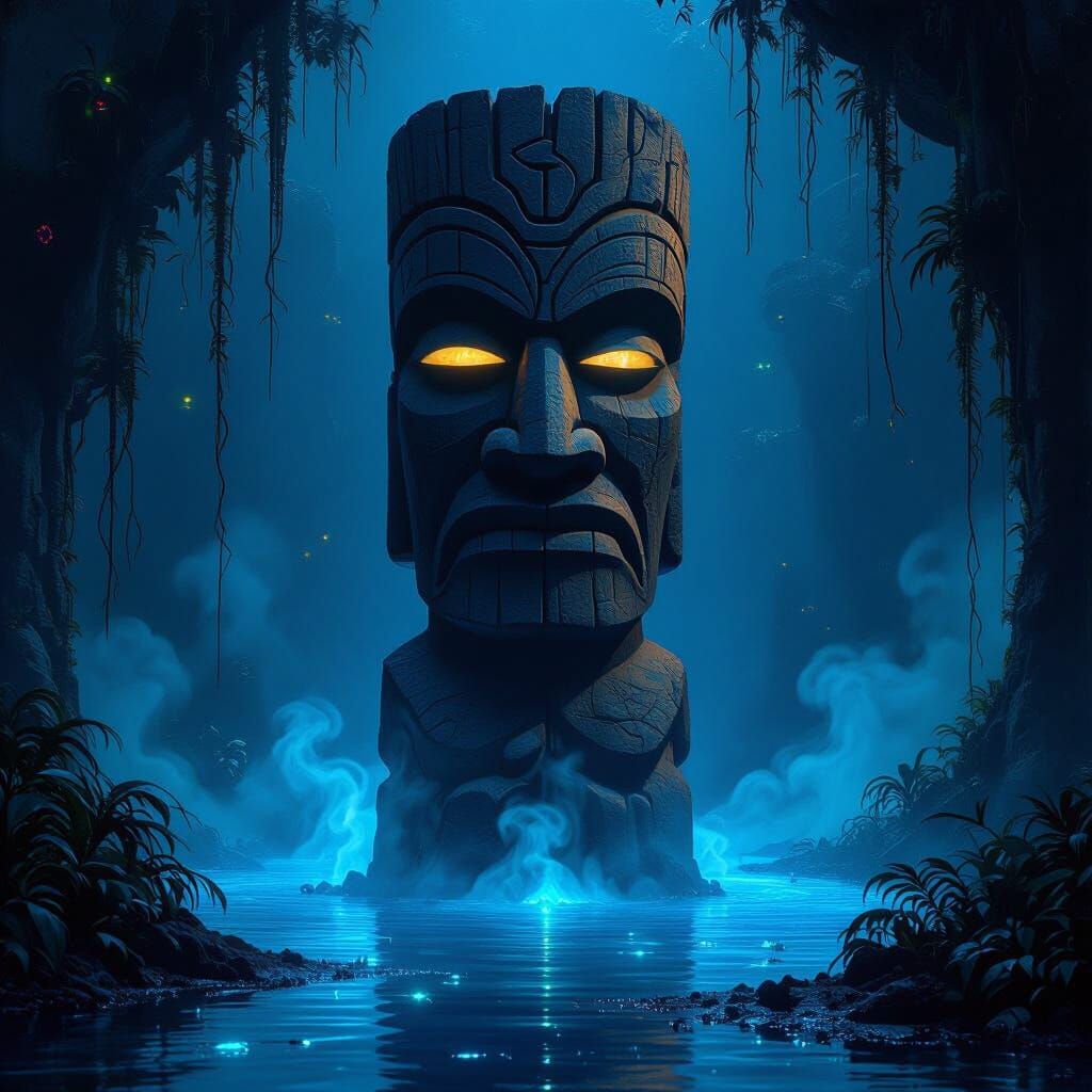 Ancient Tiki Idol in Bioluminescent Swamp