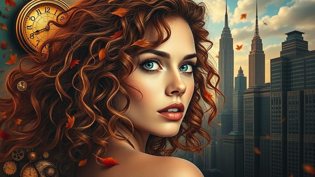 Woman Amidst Clockwork Dreamscape in Vibrant Colors