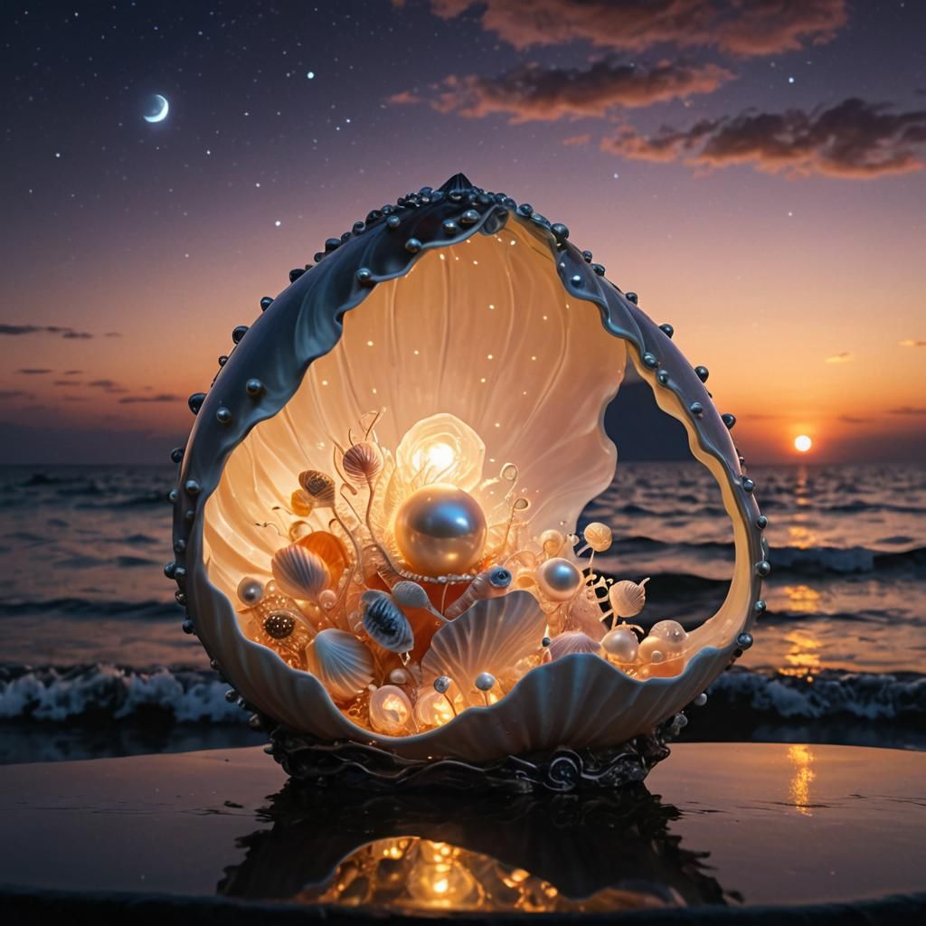 Pearl Shell Lamp with Fairy Creature at Sunset