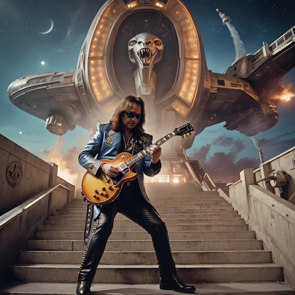 Rock Icon Plays Guitar on Spaceship Steps