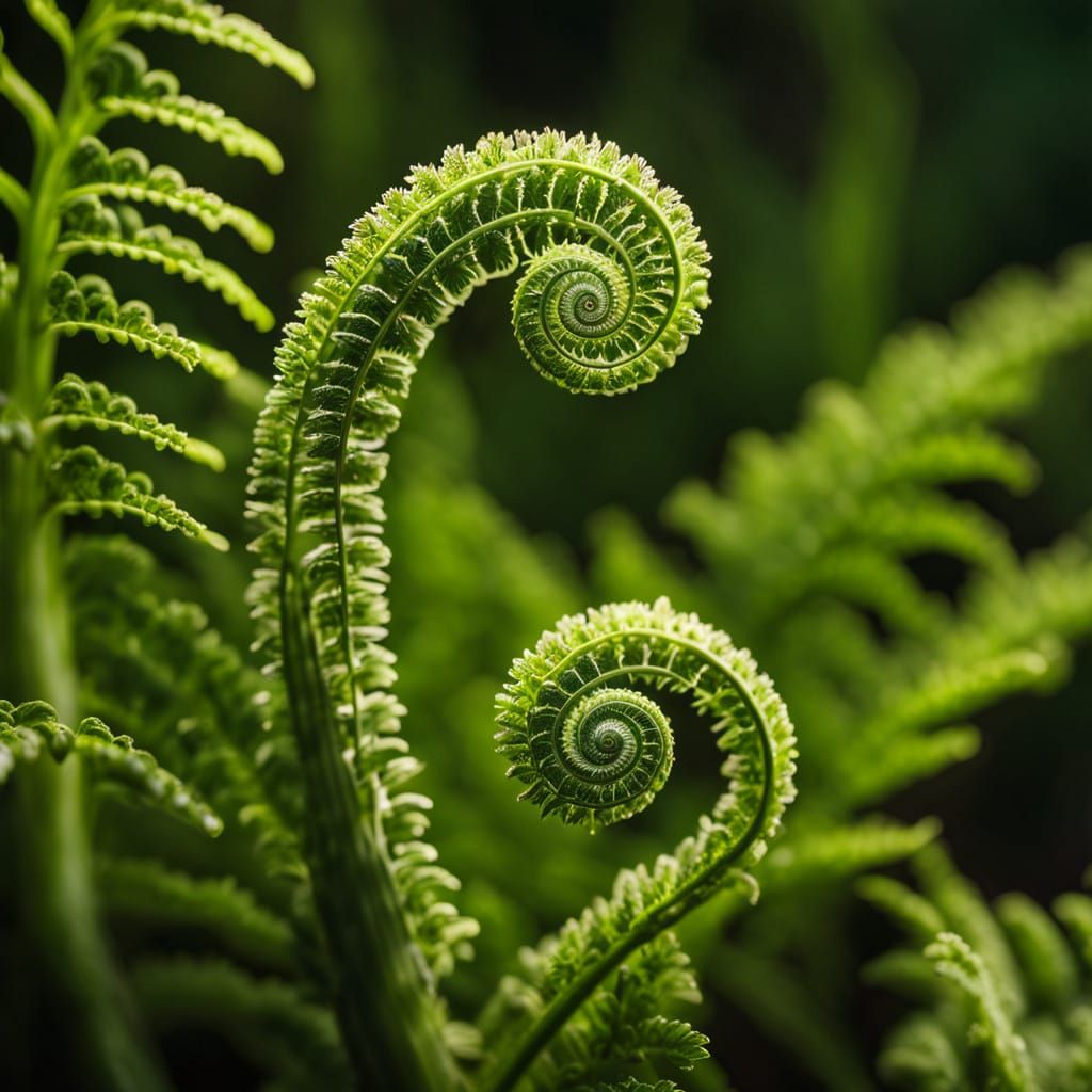Ethereal Fern Unfurls Fibonacci Sequence in Vibrant Forest