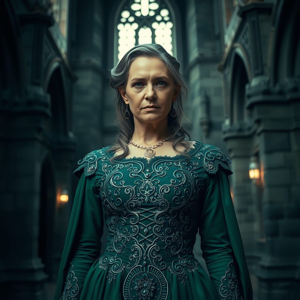 Monochrome Medieval Woman in Futuristic Castle