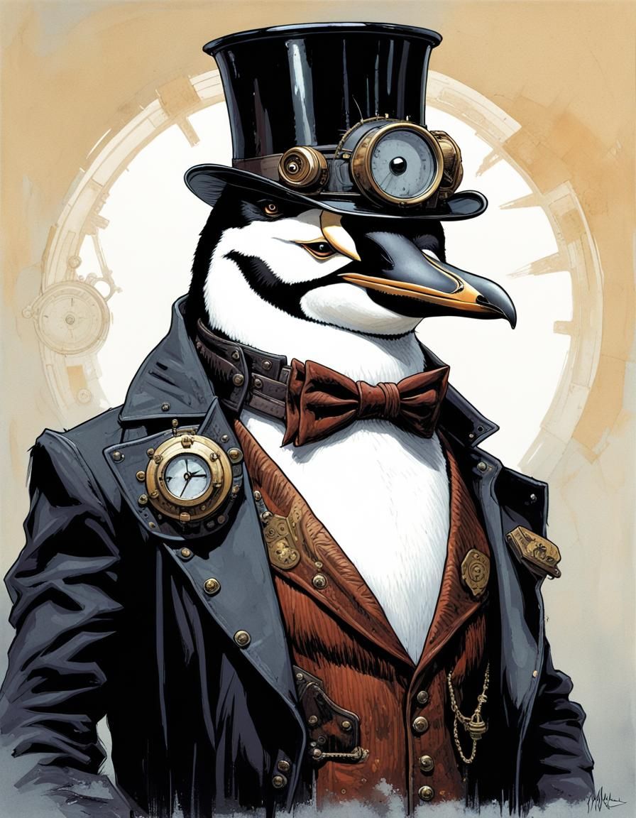 Steampunk Penguin Portrait in Neo-Victorian Style