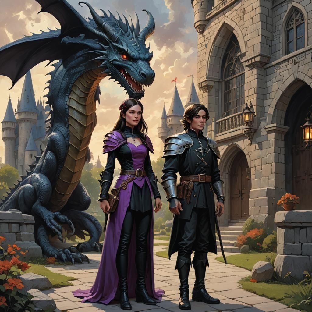 Witch Princess with Dragon Outside Castle, Sinister Art