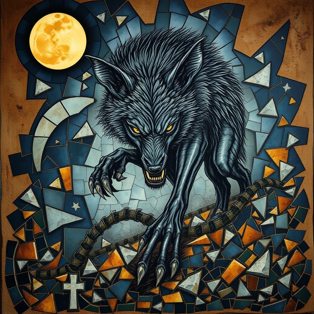 Werewolf Emerges from Ancient Mosaic in Full Moonlight