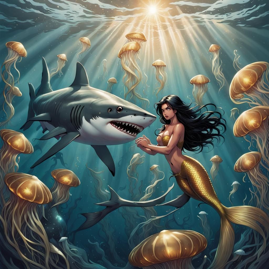 Mermaid Rides a Shark: Comic Book Art