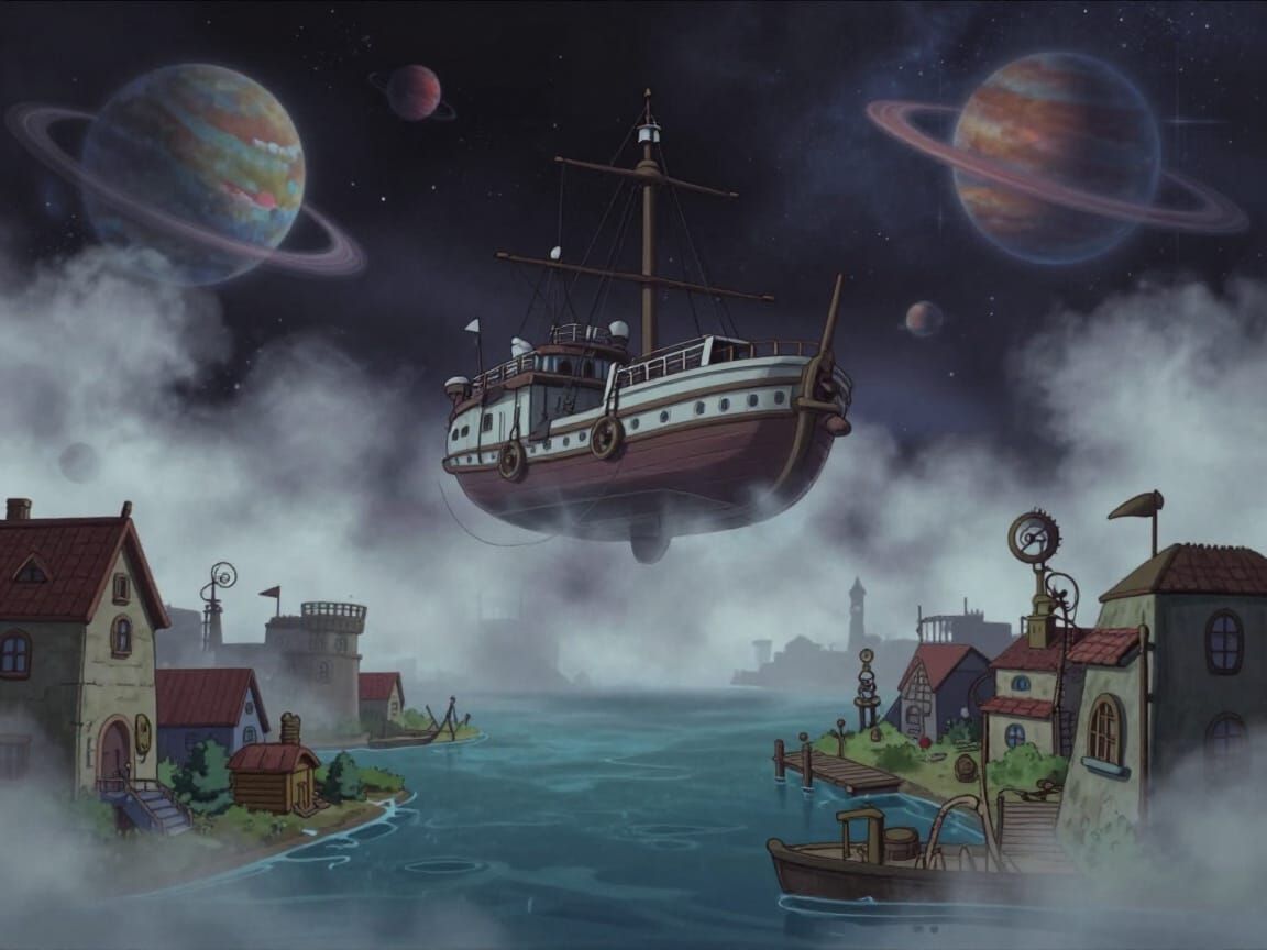 Cosmic Steampunk Neighborhood with Floating Boat Dock