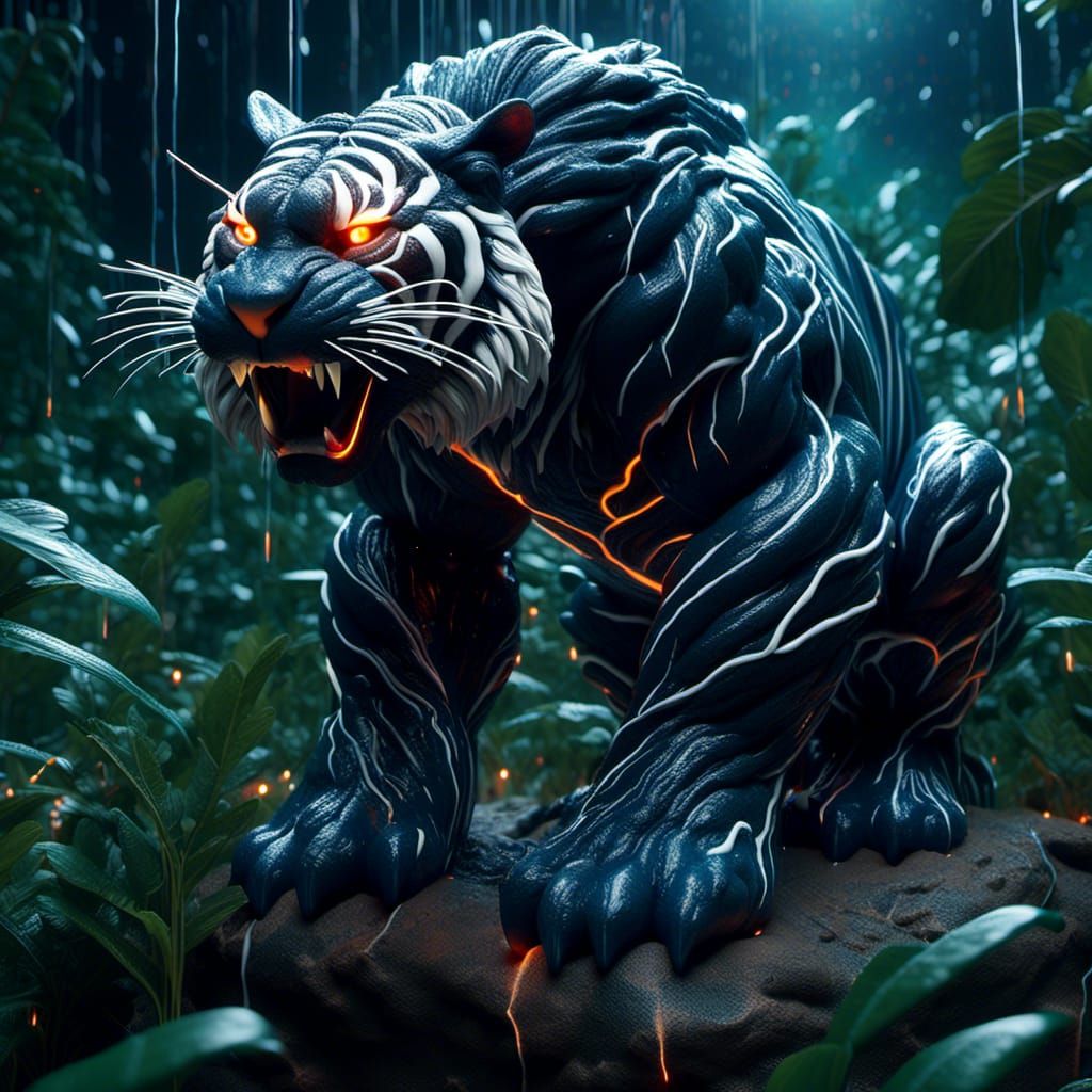 Cosmic Tiger in Jungle: Fantasy Art in Rococo Style