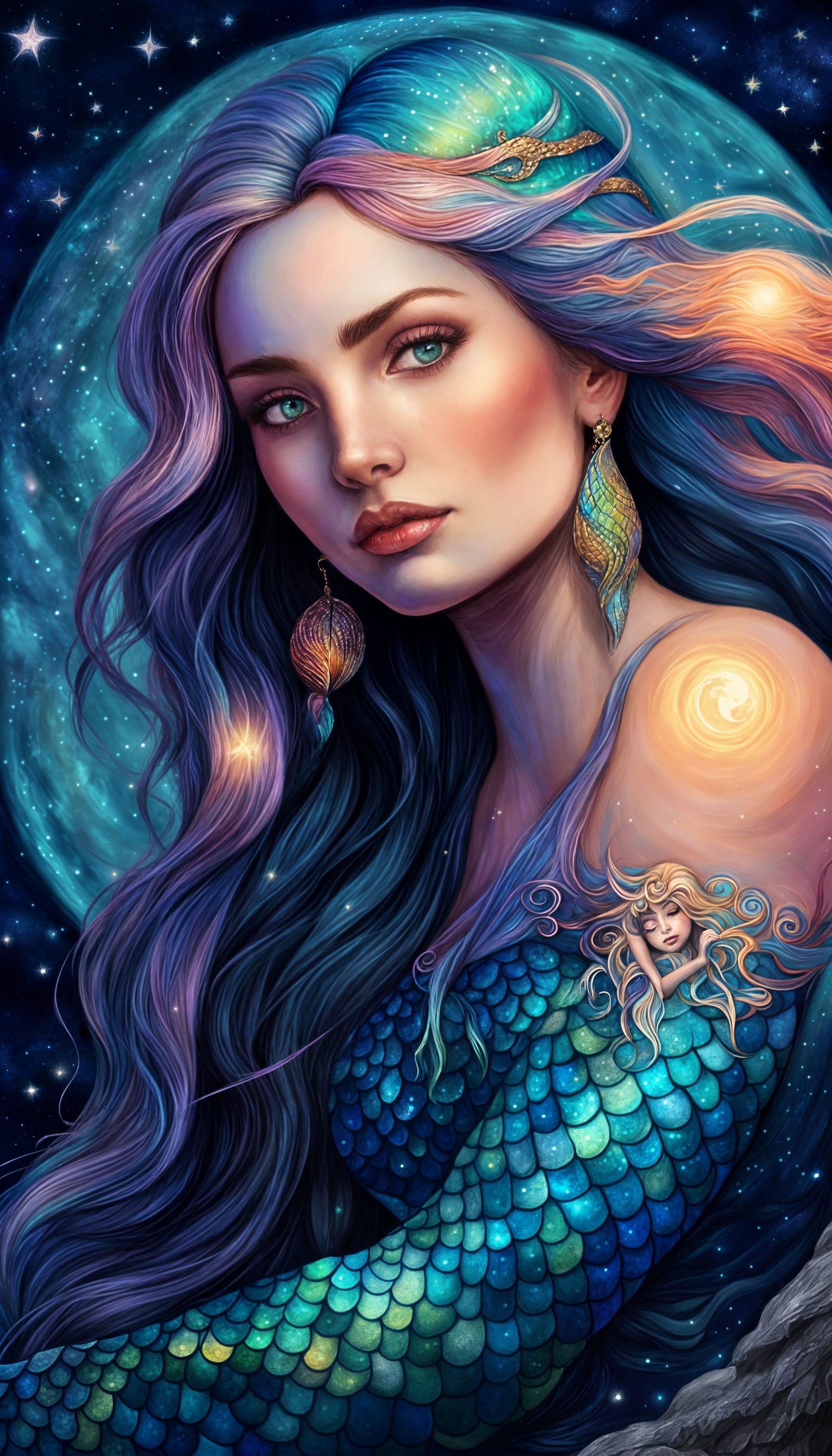 Boho Mermaid with Moon in Digital Art Style