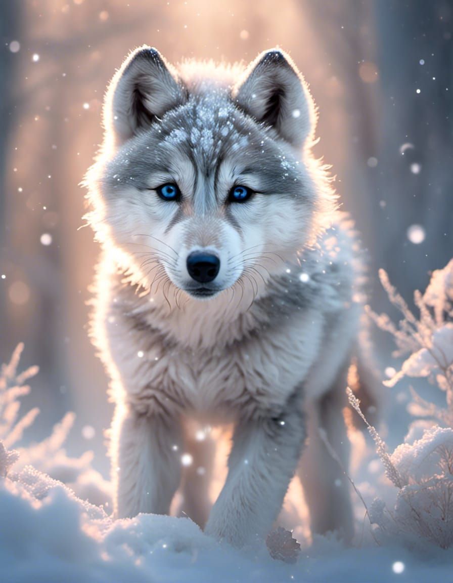 <lora:Soft Animals:1.0> <lora:eye:1.0> A cute baby wolf in a winter landscape, big light eyes, desperate, blue+white+sil...