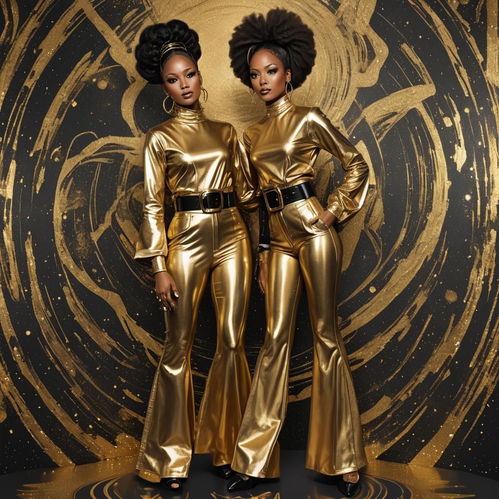 African American Woman in 70s Gold Jumpsuit