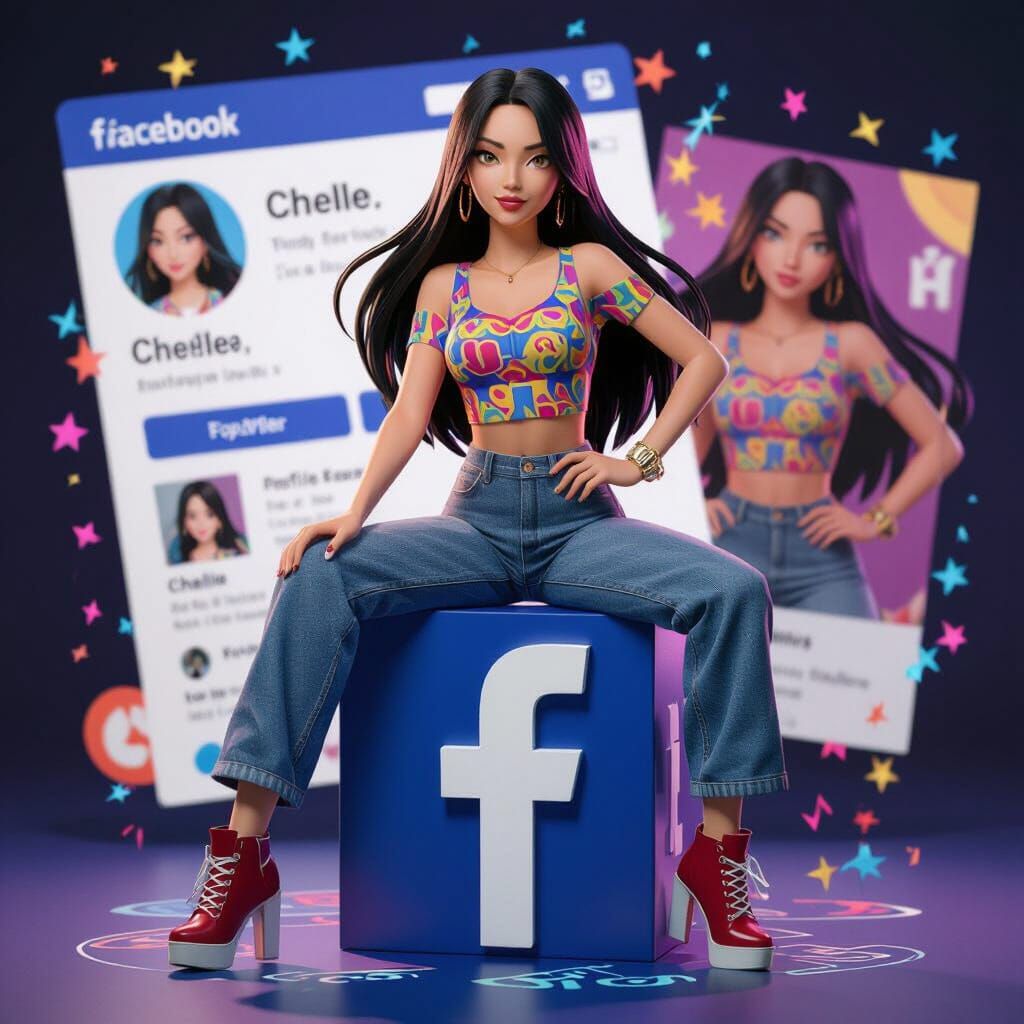 Trendy Anime Woman Perched on Facebook Logo Box