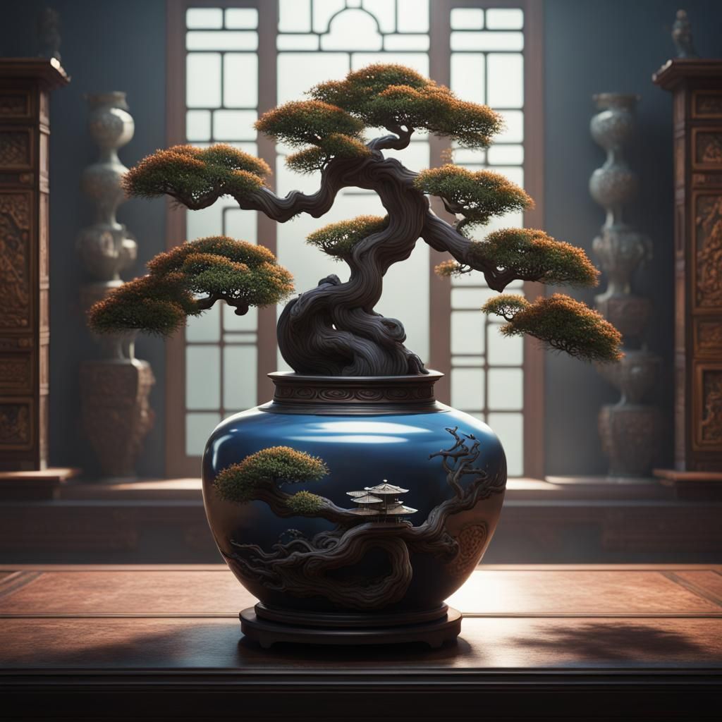 Ying Yang Bonsai Vase in Detailed Matte Painting