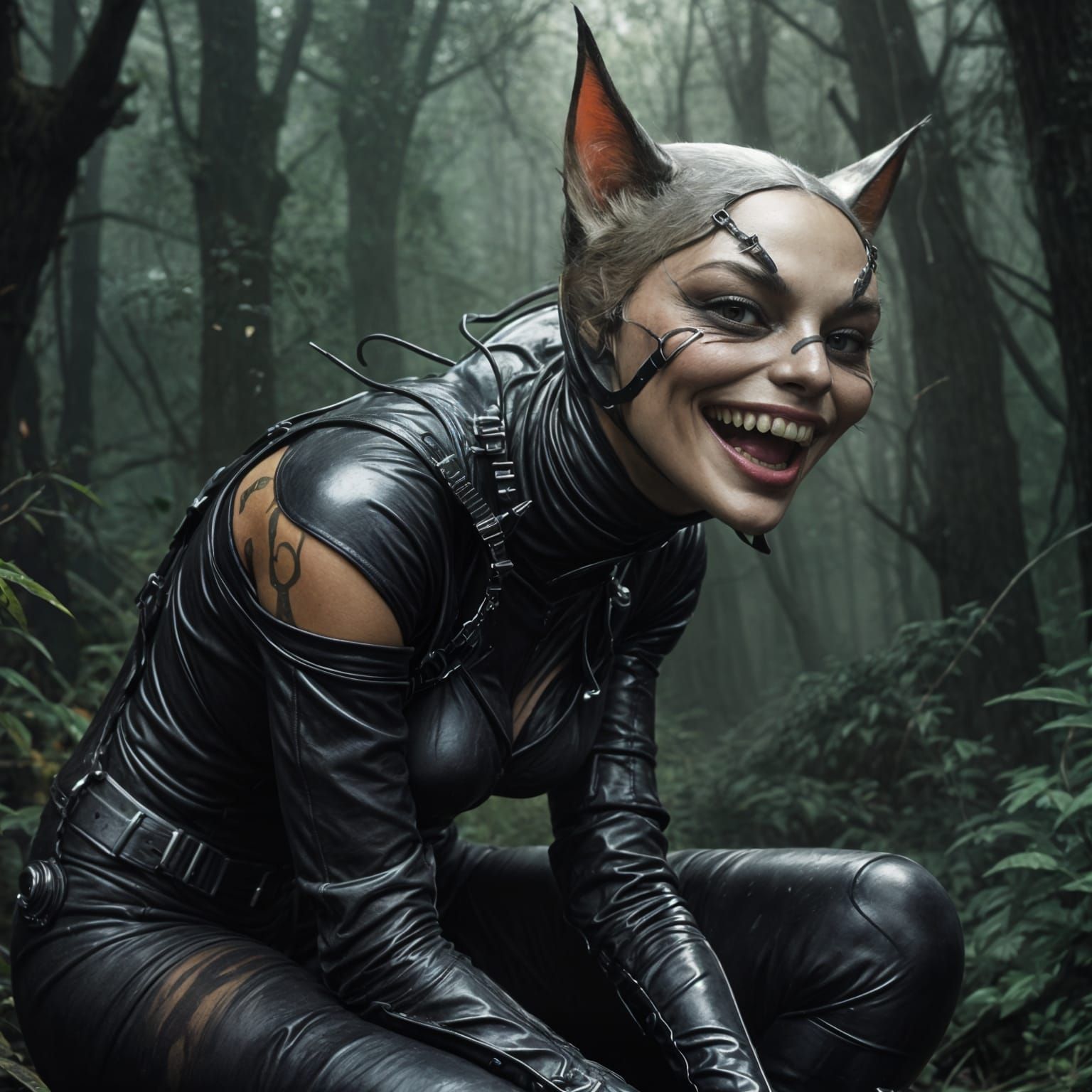 Ethereal Cat Woman in Dark Forest