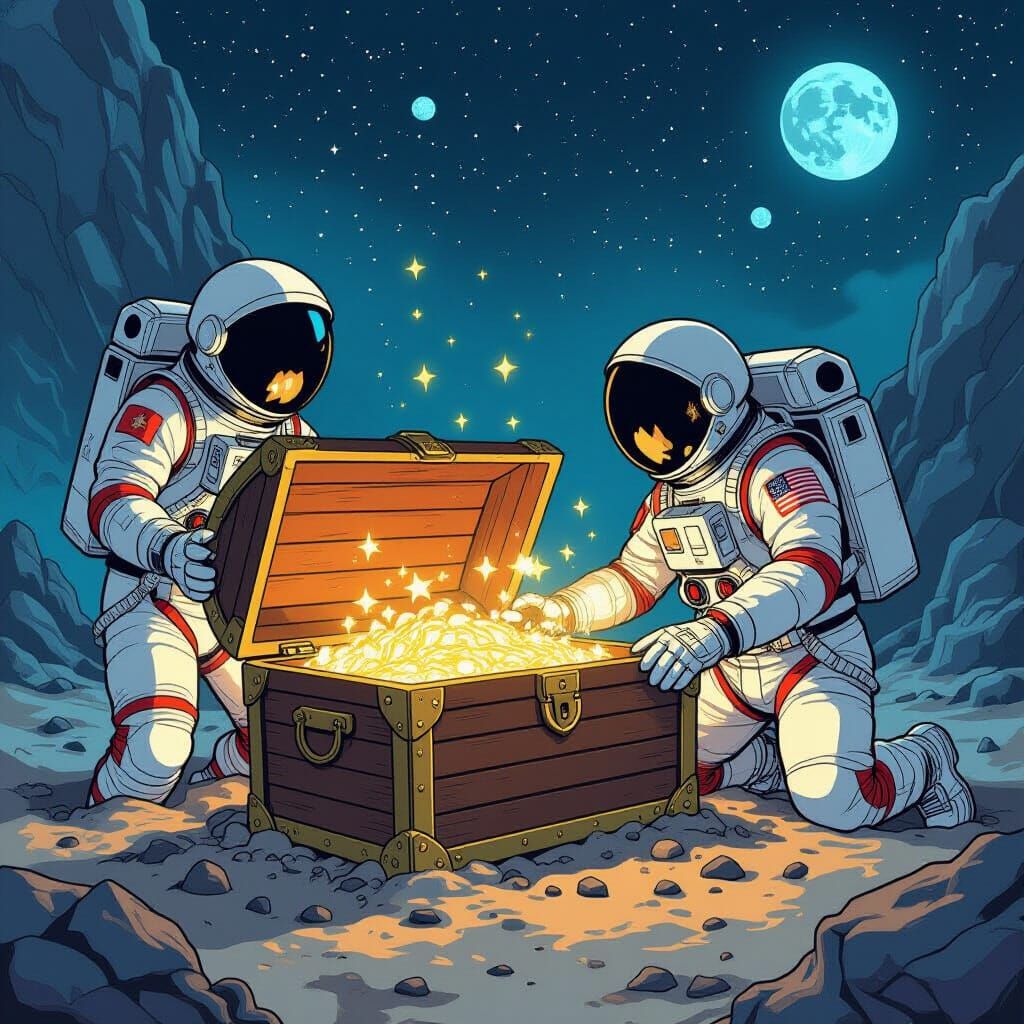 Astronauts Discovering Buried Treasure: Comic Book Art