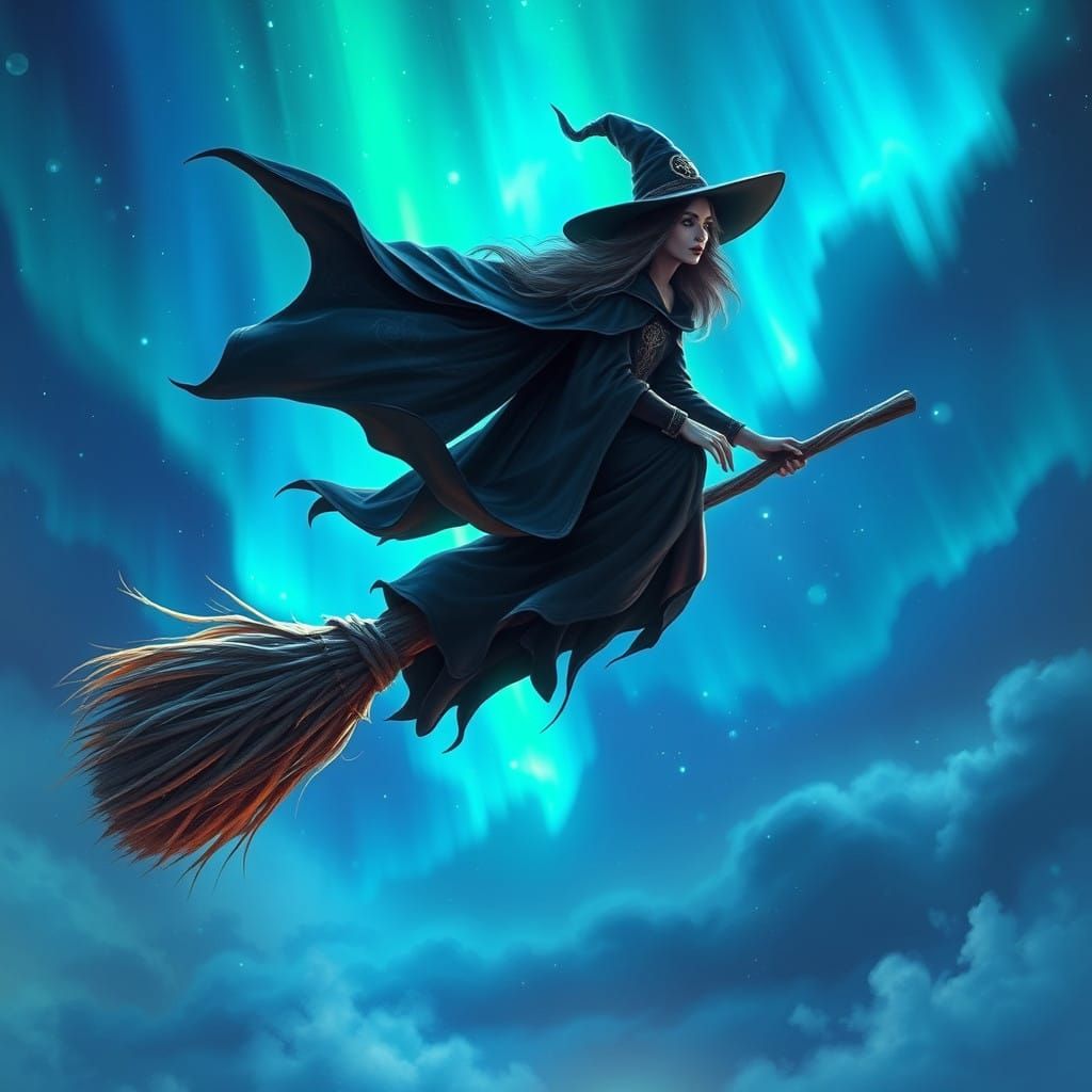 Mystical Witch Soars through Enchanted Bioluminescent Sky