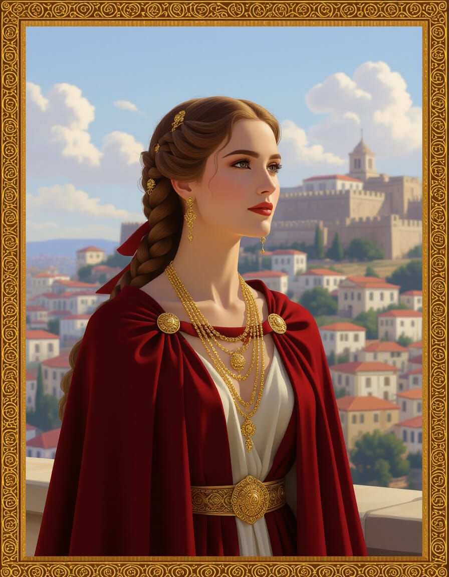 Regal Woman in Red Gown, Ancient City Background