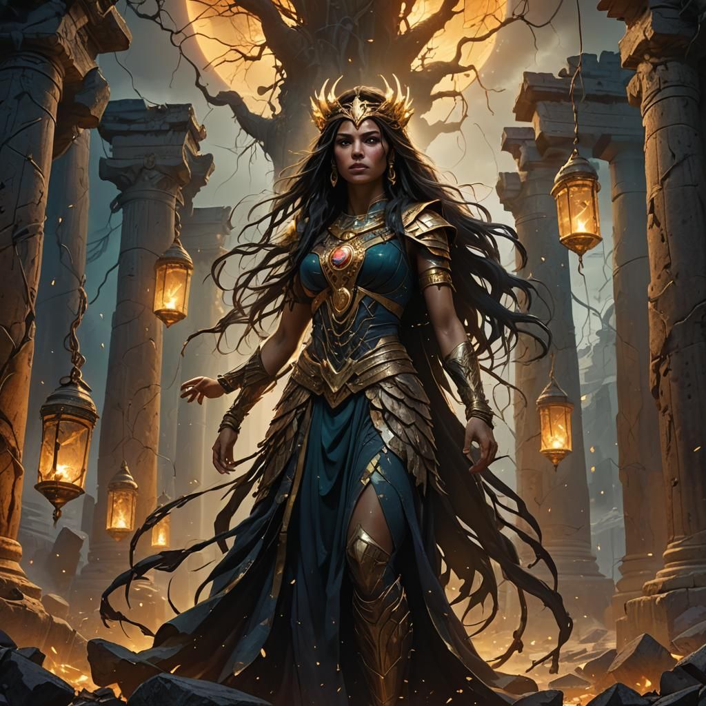 Angry Ishtar Amid Shattered Pillars: Fantasy Art