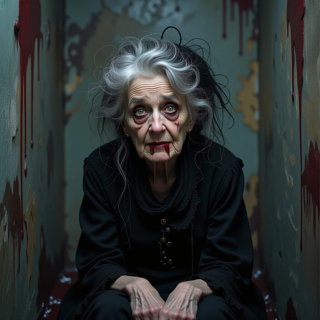 Eerie Old Woman in Decaying Room: A Grotesque Caricature