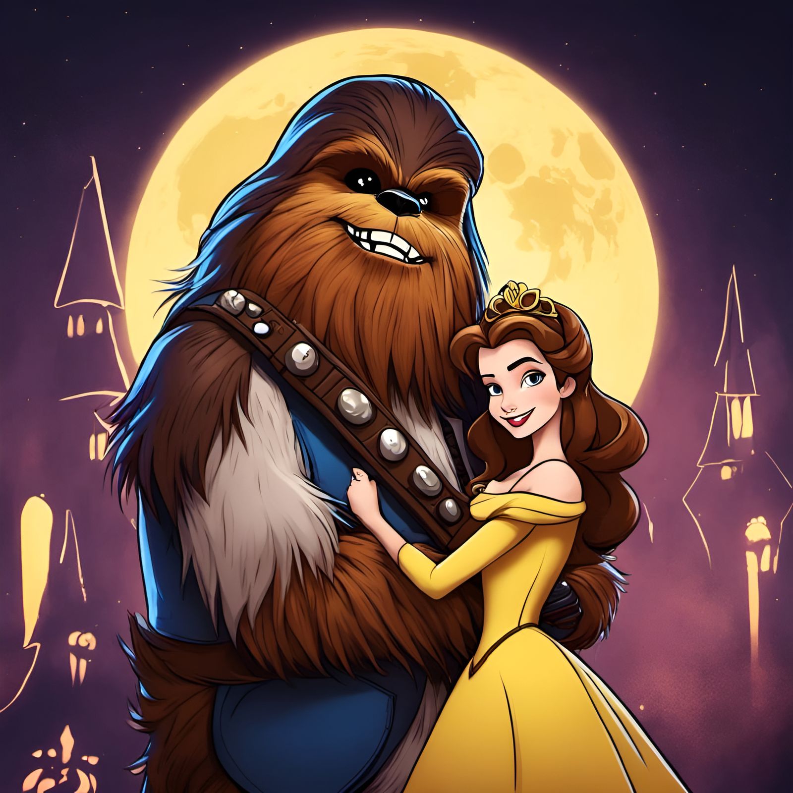 Belle and Chewbacca Portrait in Burtonesque Style