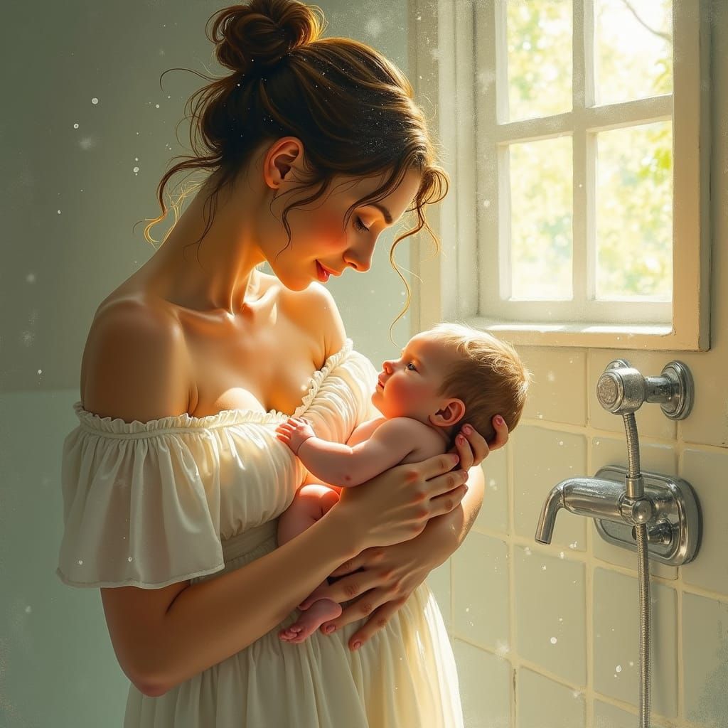 Mother Nursing Son in the Shower, in Soft Impressionist Styl...