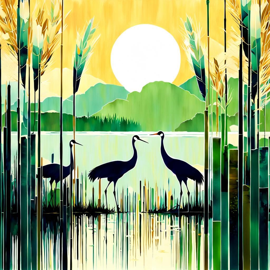 Art Deco Cranes on Emerald Lake at Sunset