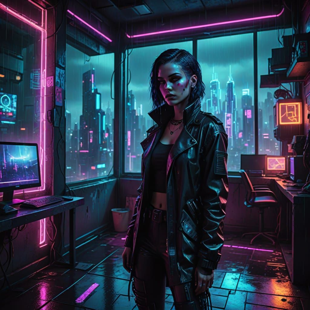 Goth Girl in Neon-Lit Futuristic Cityscape