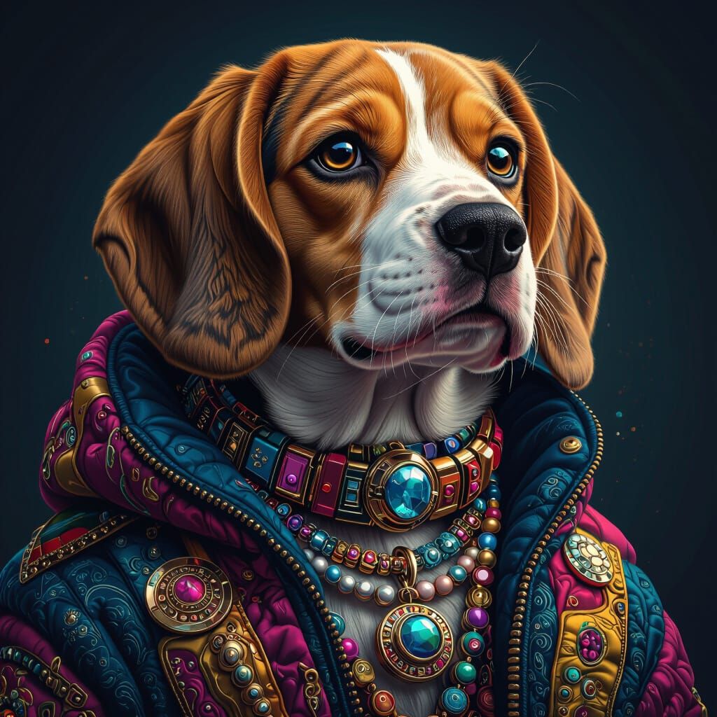 Hyperrealistic Beagle in Colorful Futuristic Attire