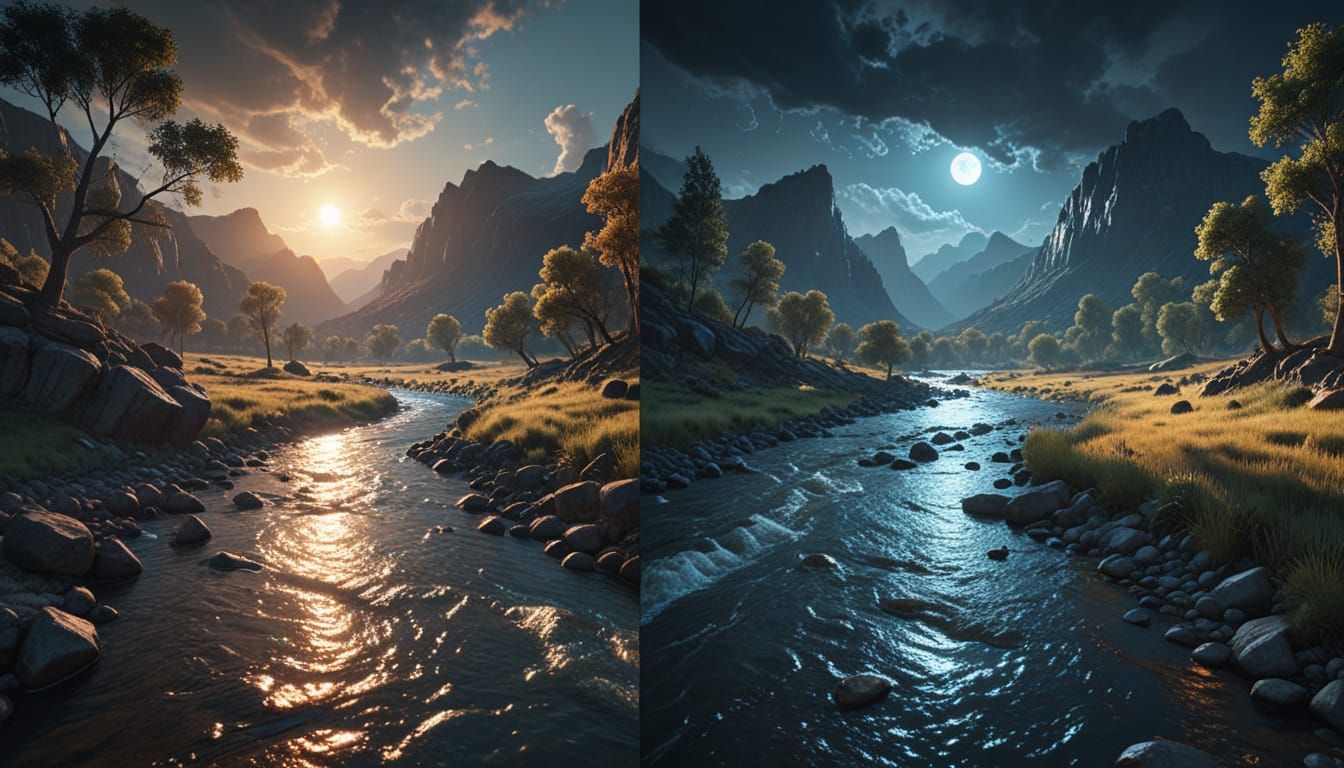 Day and Night River Landscape in Digital Painting Style