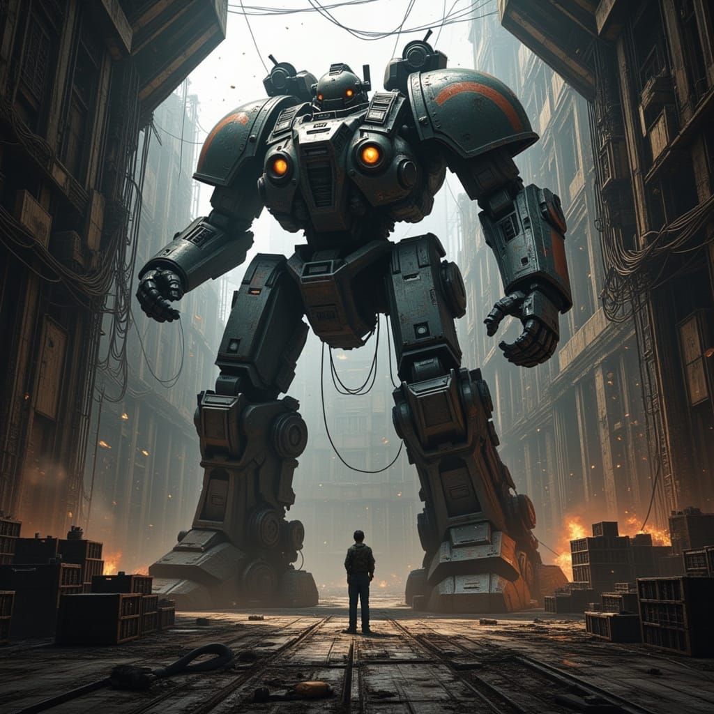Colossal Mech Warrior in Futuristic Hangar