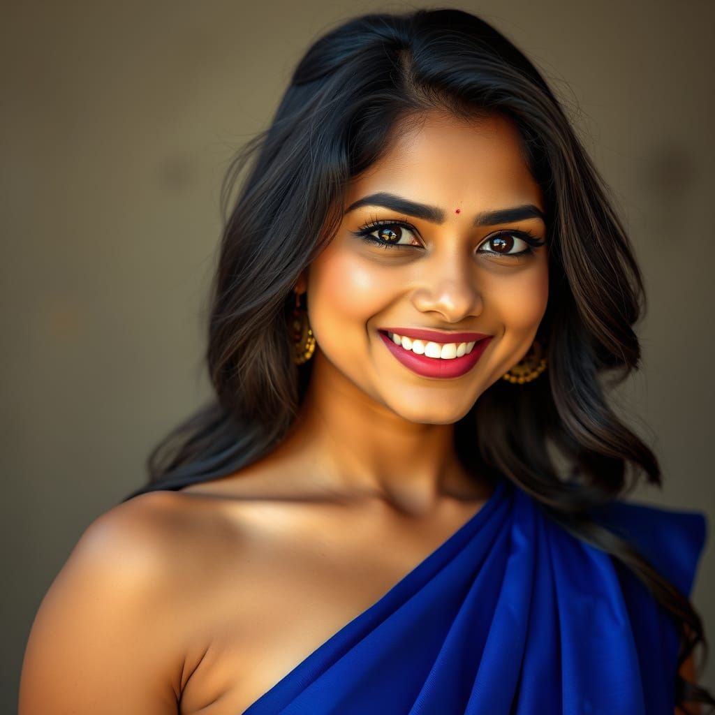 Young South Indian Woman in Elegant Royal Blue Saree with Lu...