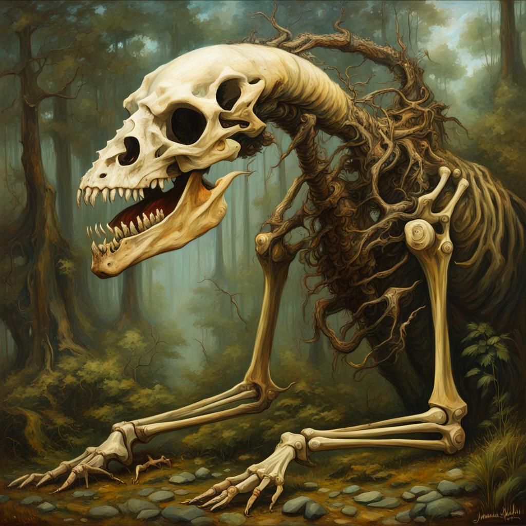 Reptilian Behemoth Skeleton Hybrid in Oil on Canvas