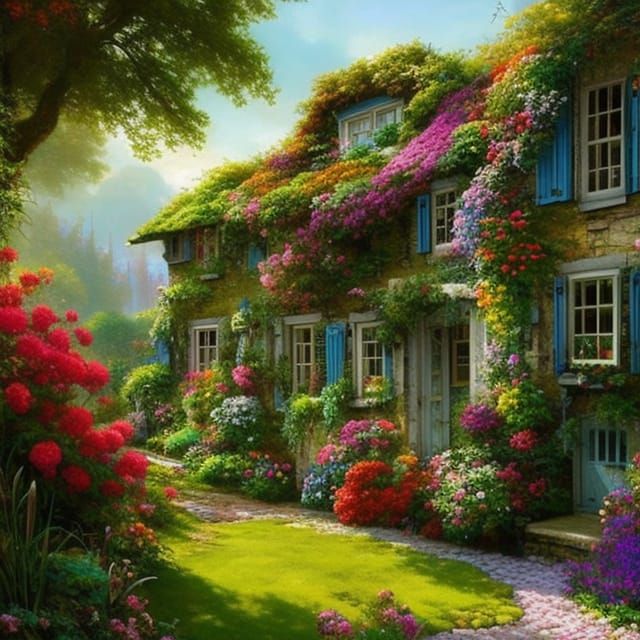 Victorian Cottage in Flower Garden, Digital Matte Painting