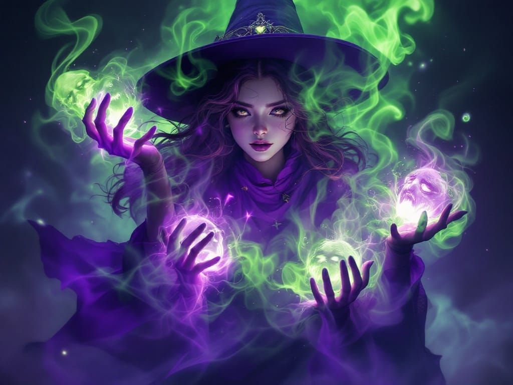 Cute Witch Conjuring Spirits in Green Smoke