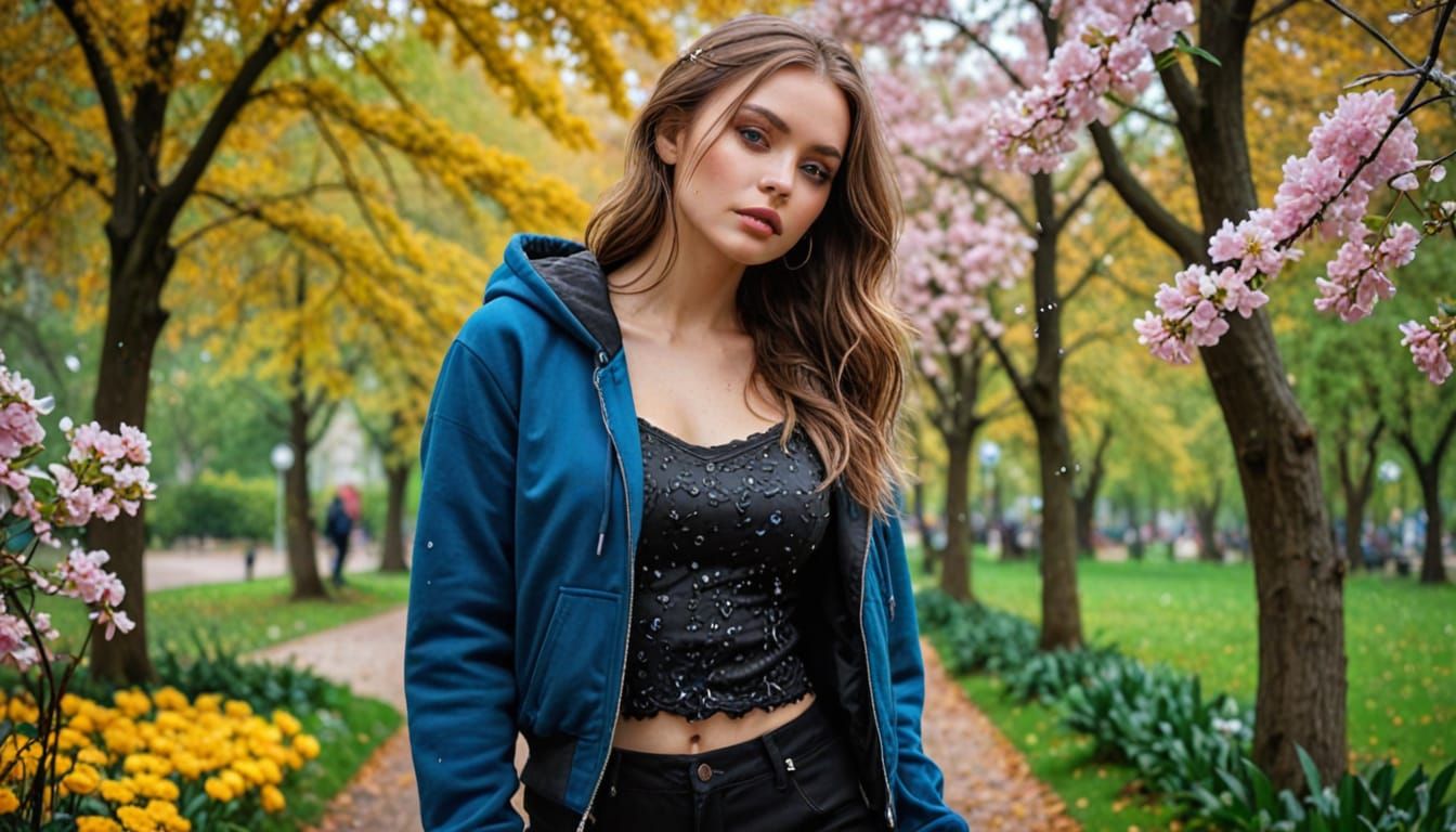 Gothic Woman in Floral Park: Hyper-Realistic Digital Art