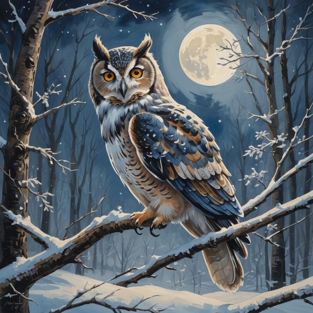 Owl in Snowy Forest: Gouache Impressionist Painting