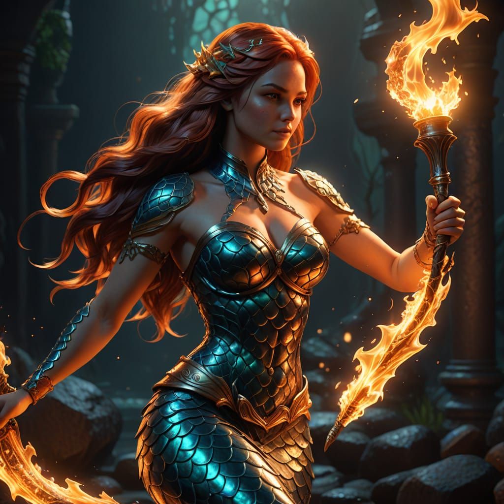 Mermaid with Flaming Torch in 3D Game Art