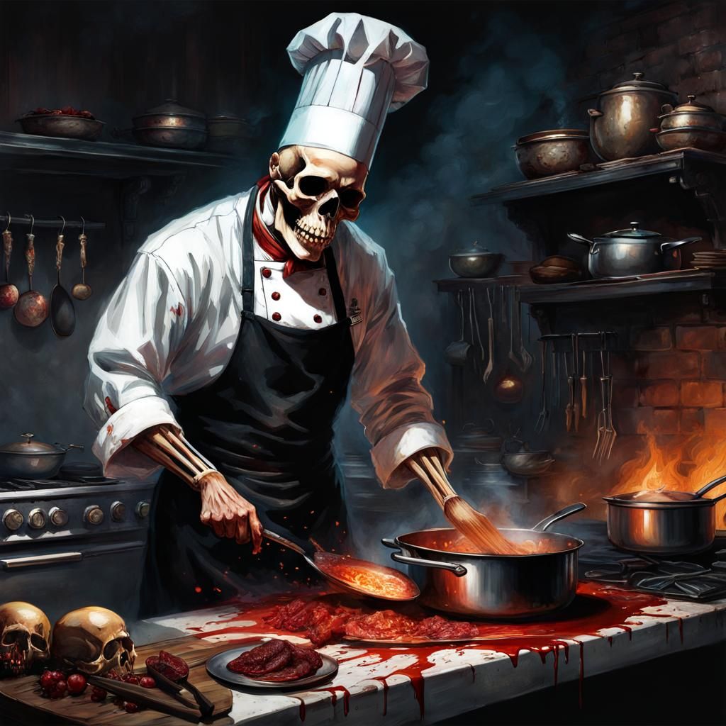 Ominous Skeleton Chef in Dark Kitchen: Horror Art