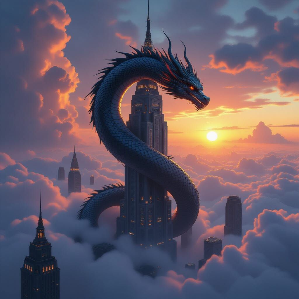 Ancient Dragon Coiled Around Retro-Futuristic Skyscraper