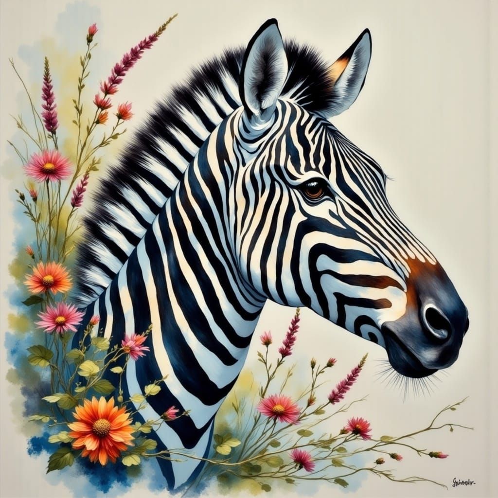 African Zebra Portrait in Dreamy Gouache Style