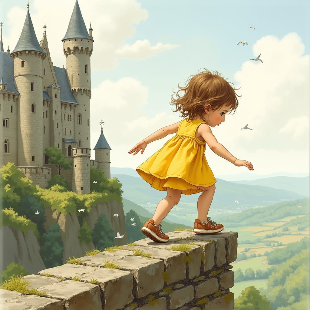 Toddler on Weathered Stone Wall with Majestic Castle