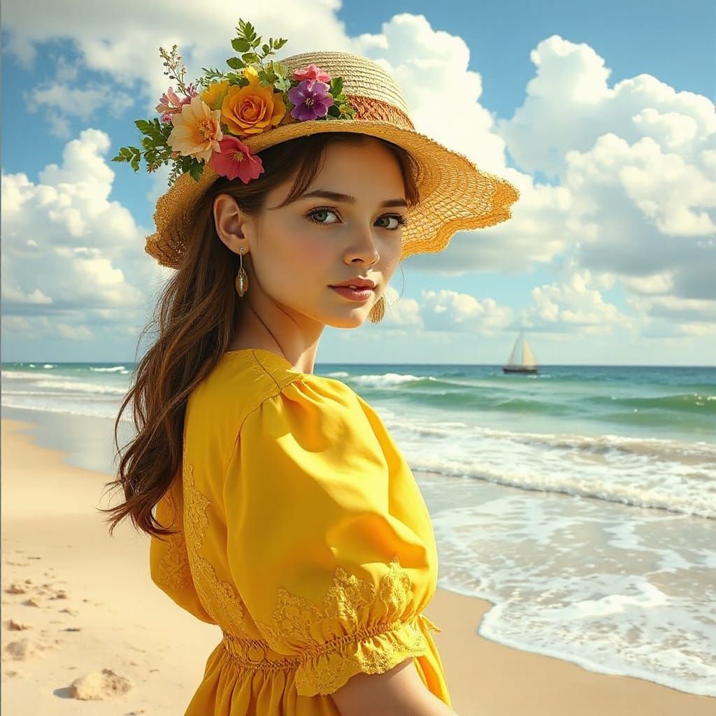 Dreamy Woman on Beach in Ethereal Style