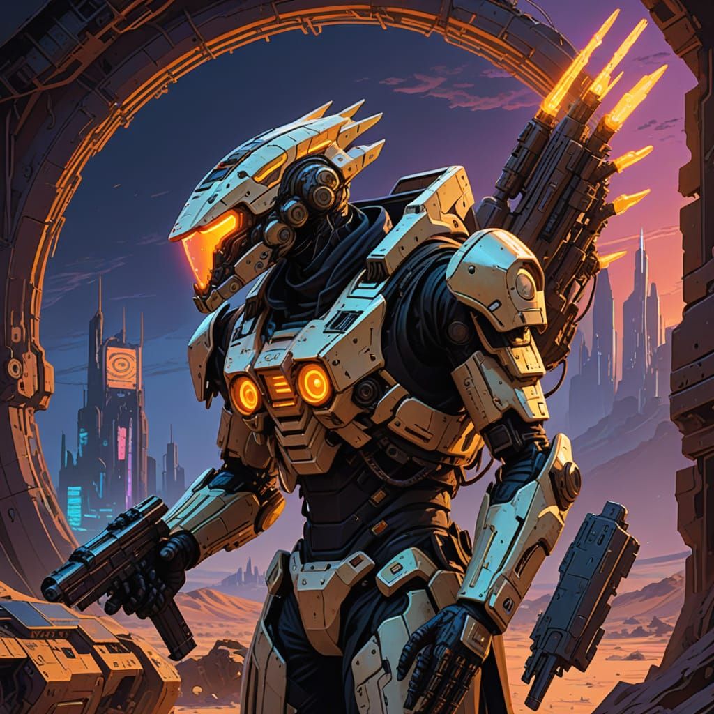 Cyberpunk Wanderer with Plasma Rifle in Desert Sunset