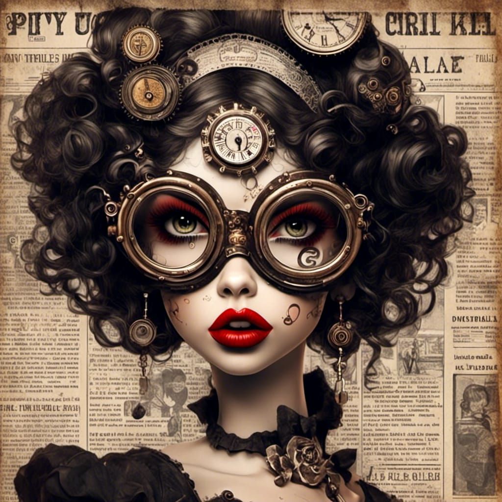 Steampunk Pinup Girl Portrait in 3D Newspaper Style