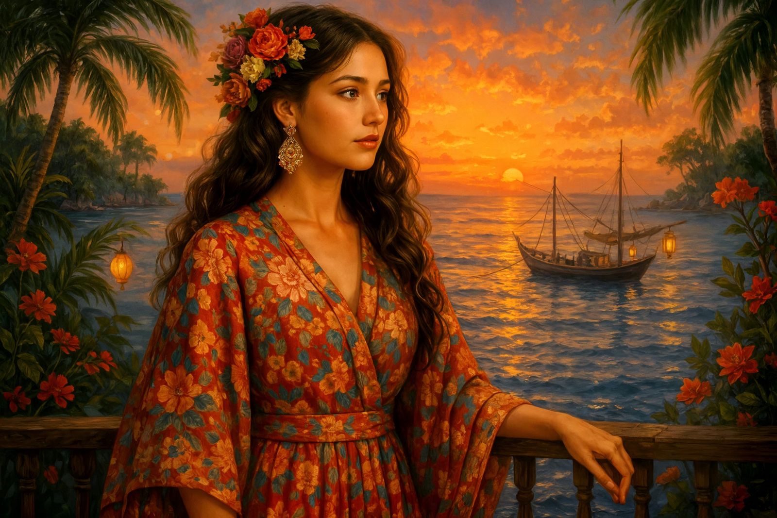 Sunset Beauty on Balcony in Painterly Style